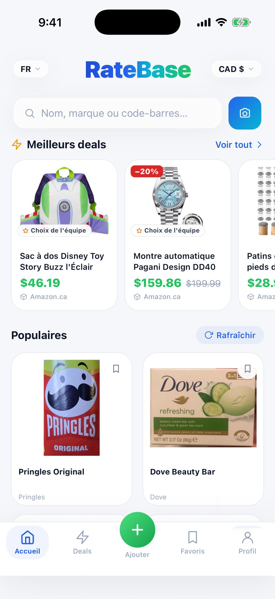 L'accueil de l'app RateBase : recherche, meilleurs deals et produits populaires